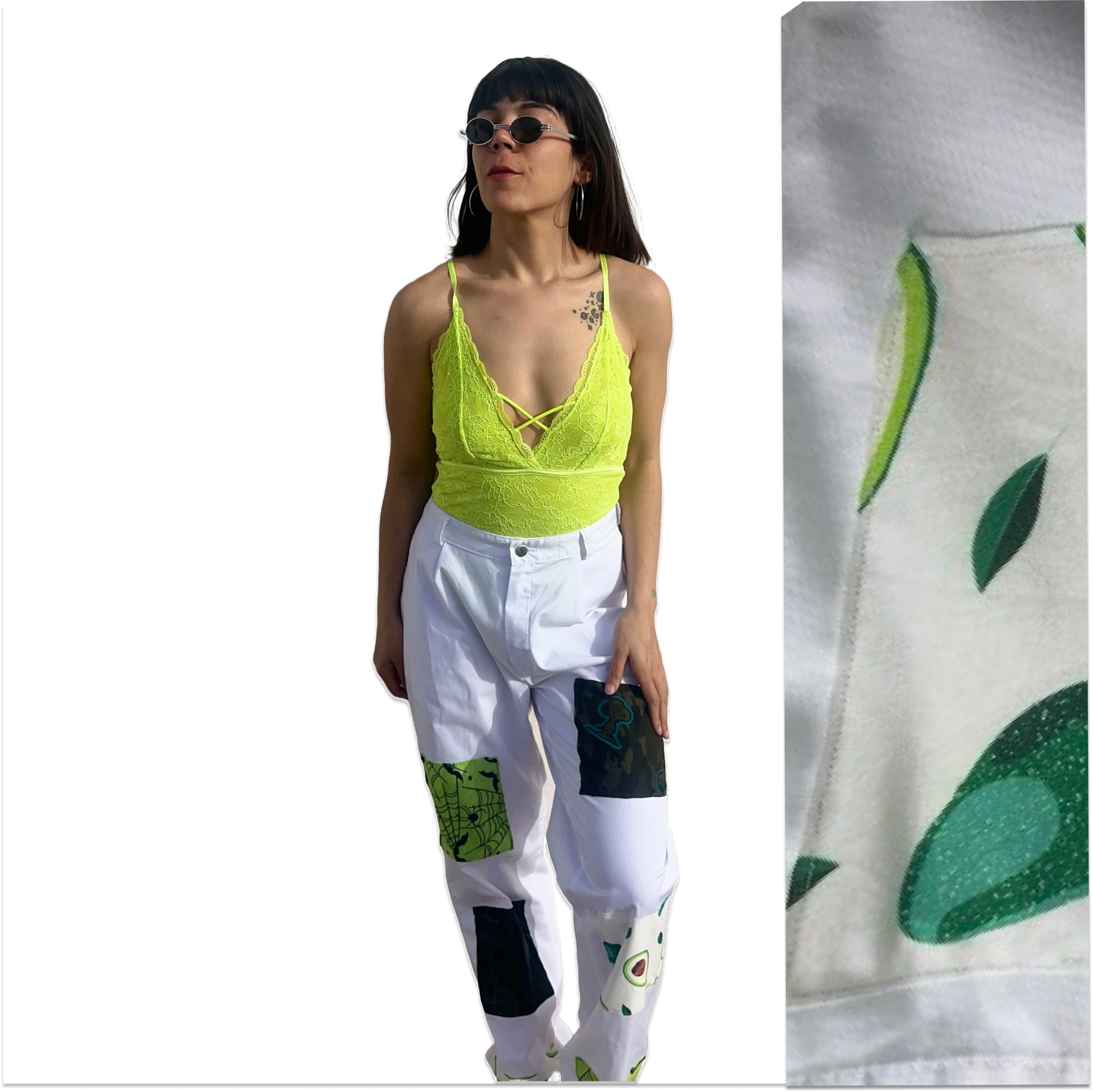 Pantalon unisexe en gabardine blanche, style patchwork unique