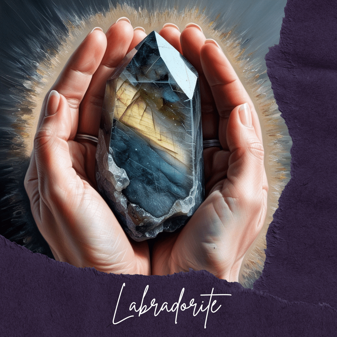 Pierre décorative en labradorite avec support blanc – (42 g)