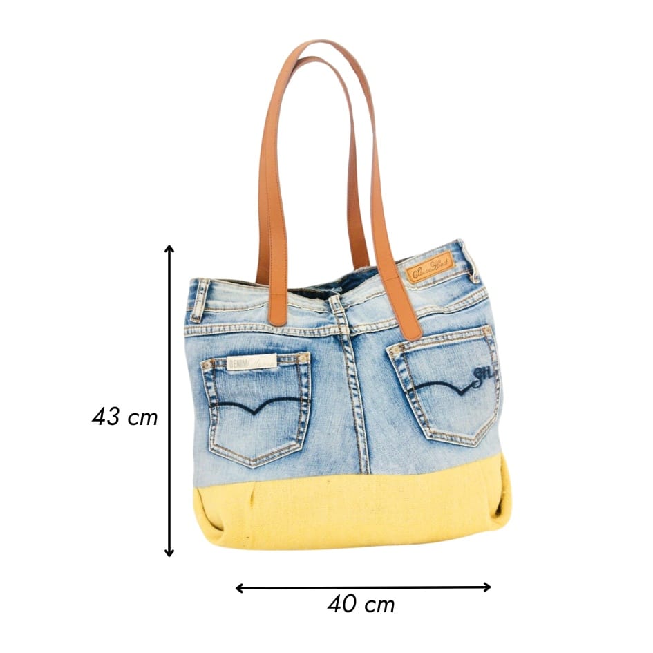 Recycled Denim and Handwoven Cotton Bag – Leather Handles