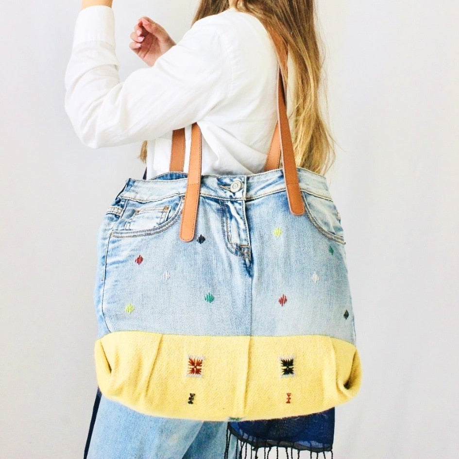 Recycled Denim and Handwoven Cotton Bag – Leather Handles