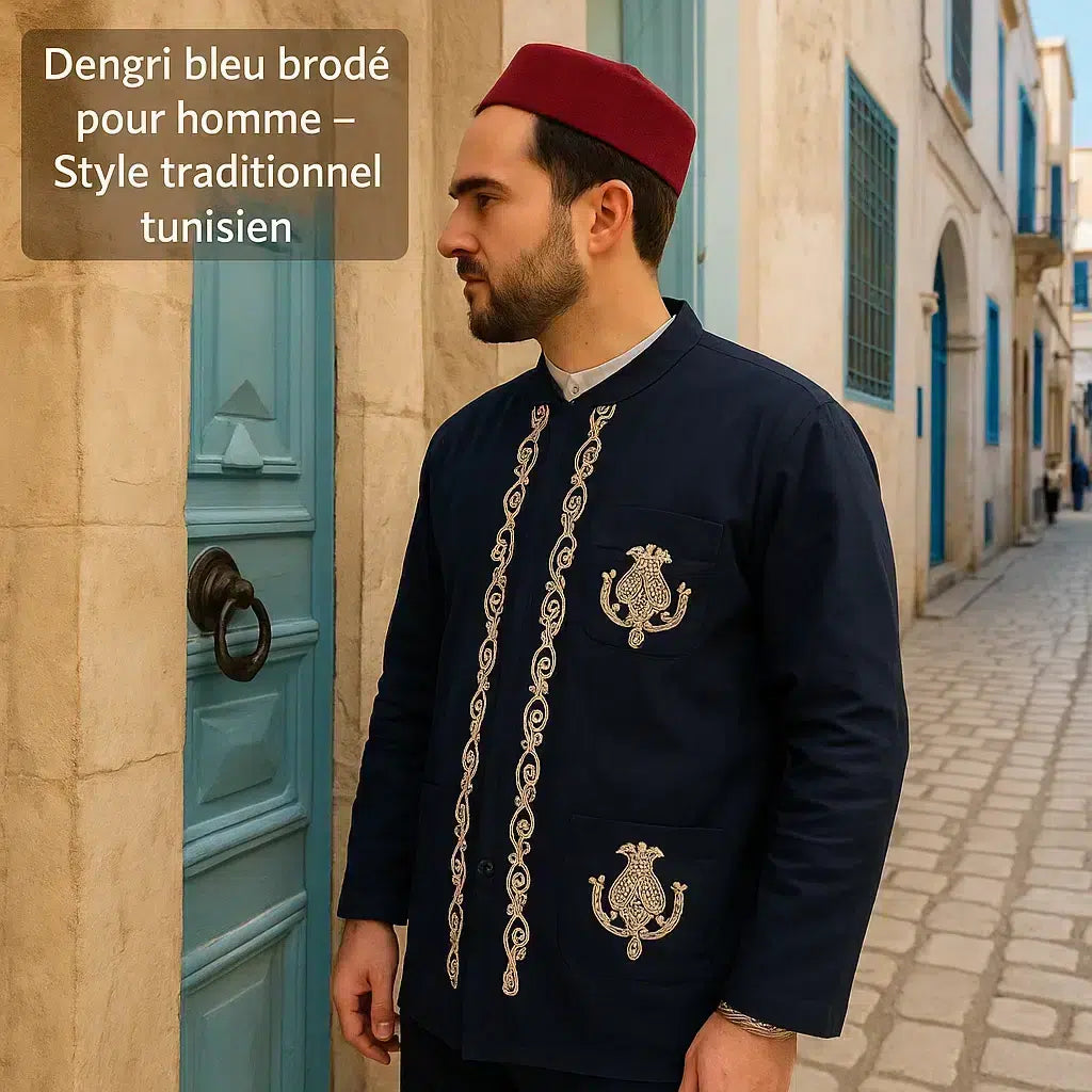 Dengri bleu brodé pour homme – Style traditionnel tunisien