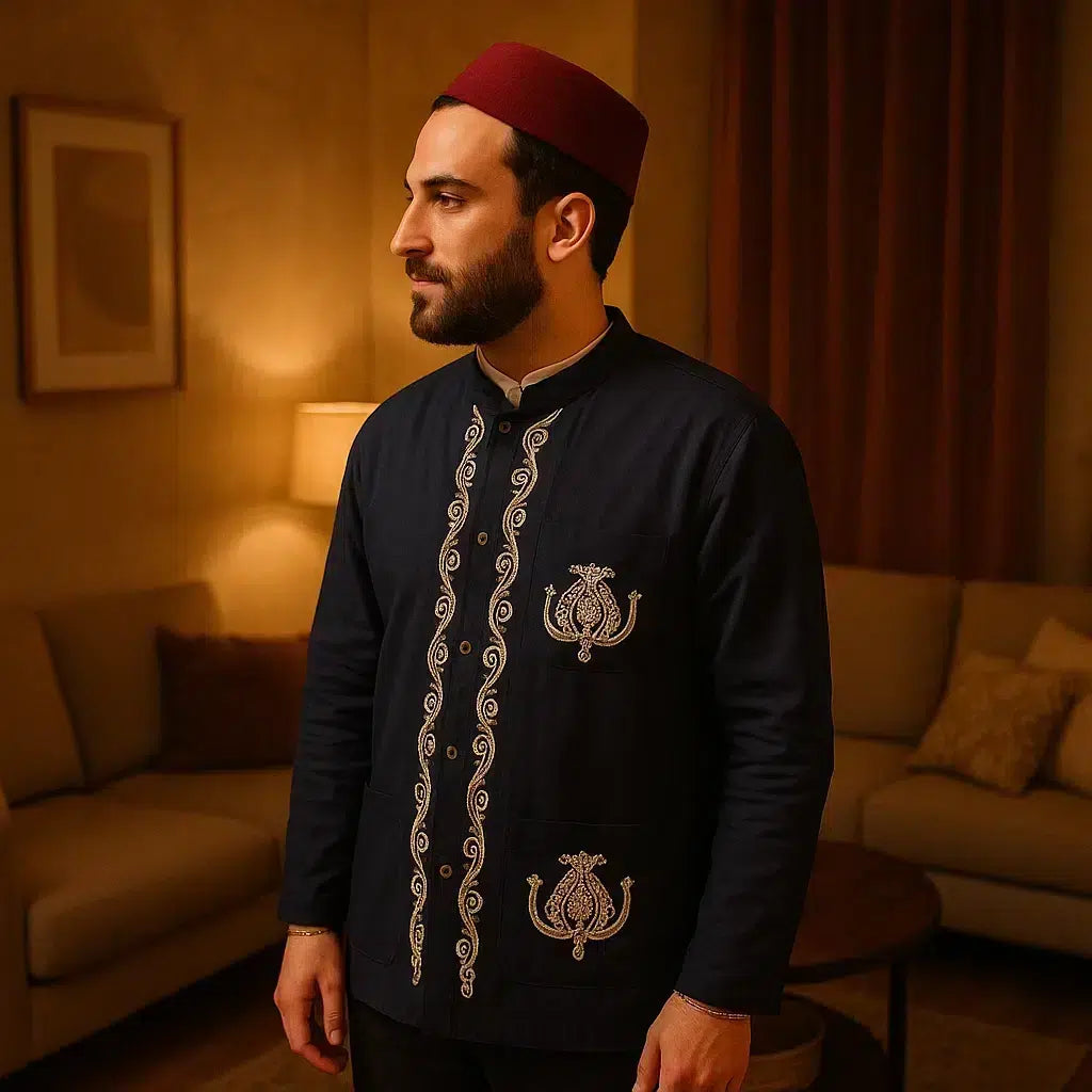 Dengri bleu brodé pour homme – Style traditionnel tunisien