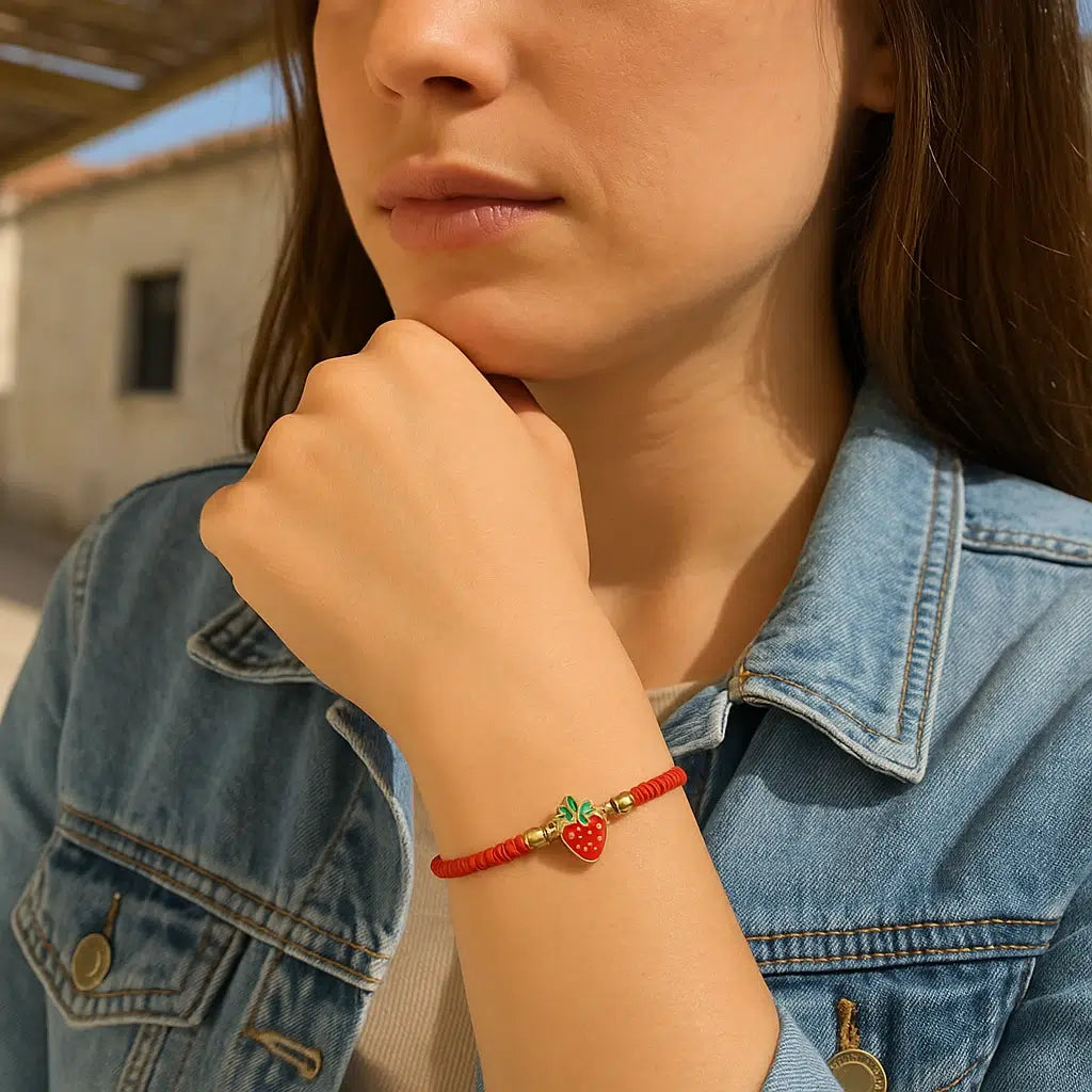bracelet fraise charmant en cordon rouge ajustable et élégant