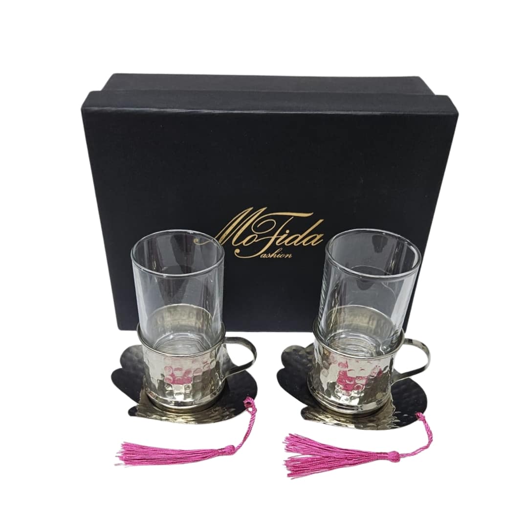 Service à Thé Traditionnel Fait Main - 2 Tasses en Verre avec Porte-Tasse en Cuivre
