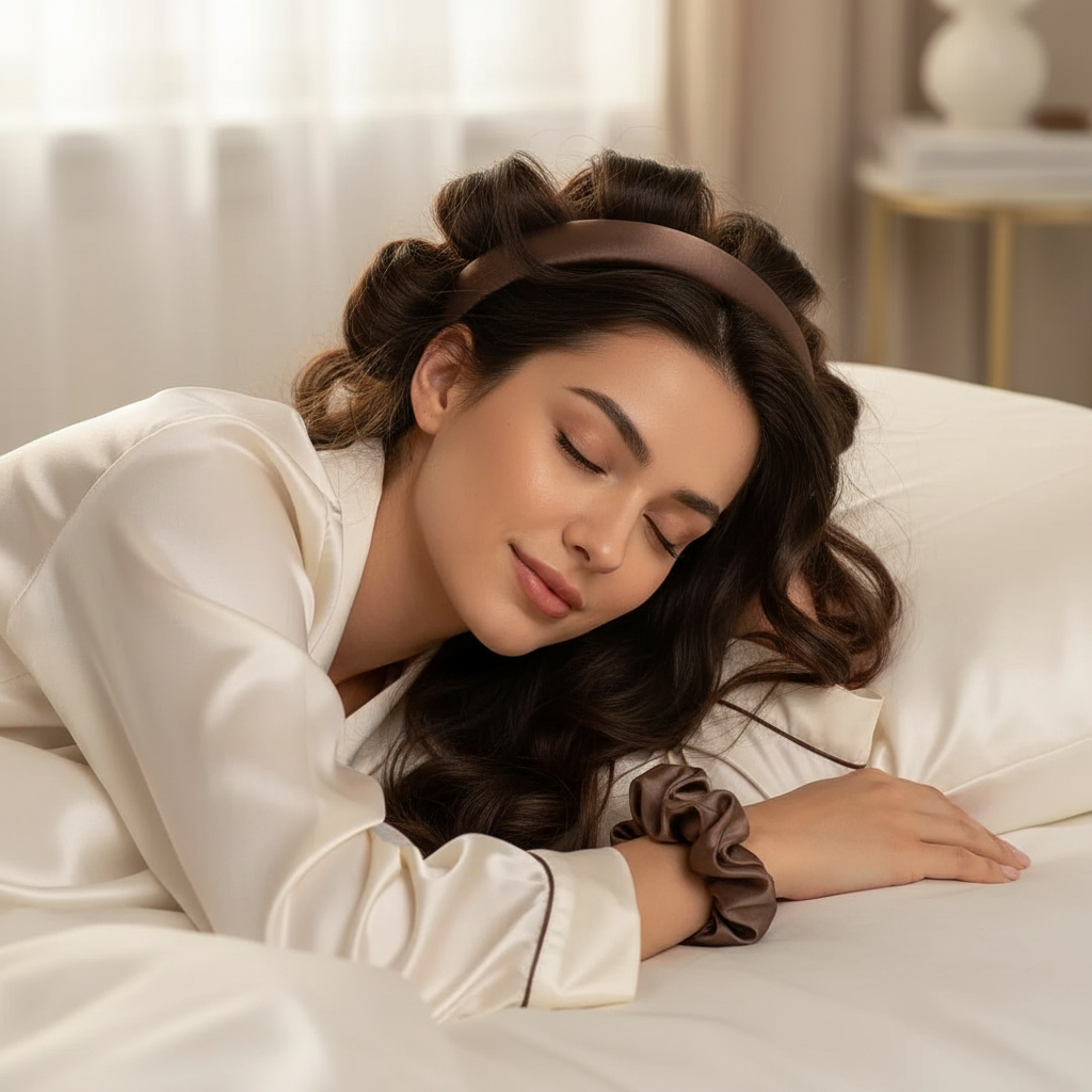 Bandeau Satin Marron & Scrunchies Anti-Frisottis