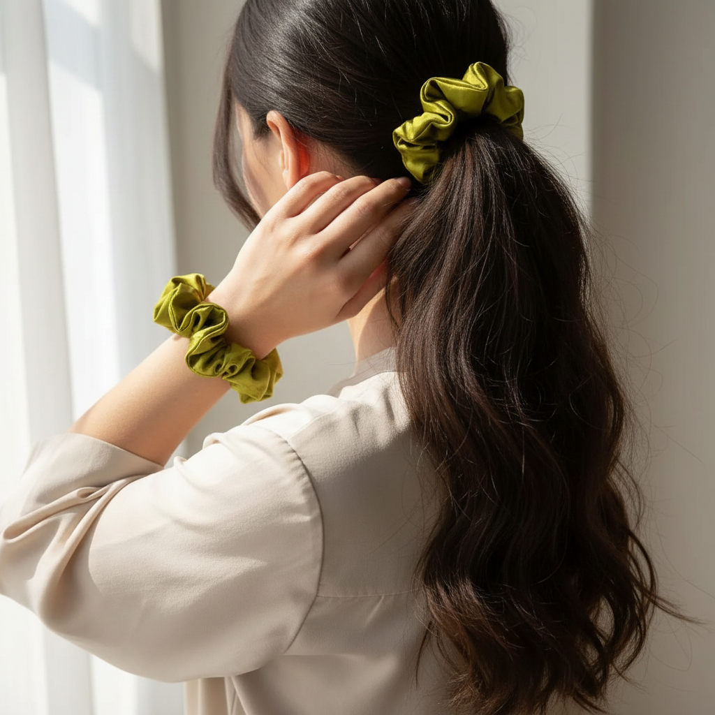 Chouchous en Satin Vert Kiwi Anti-Frisottis - Élégance Luxueuse en Duo