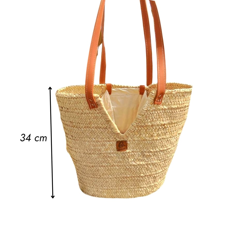 حقيبة من القش بمقابض من جلد الجمل - مصنوعة يدويًا