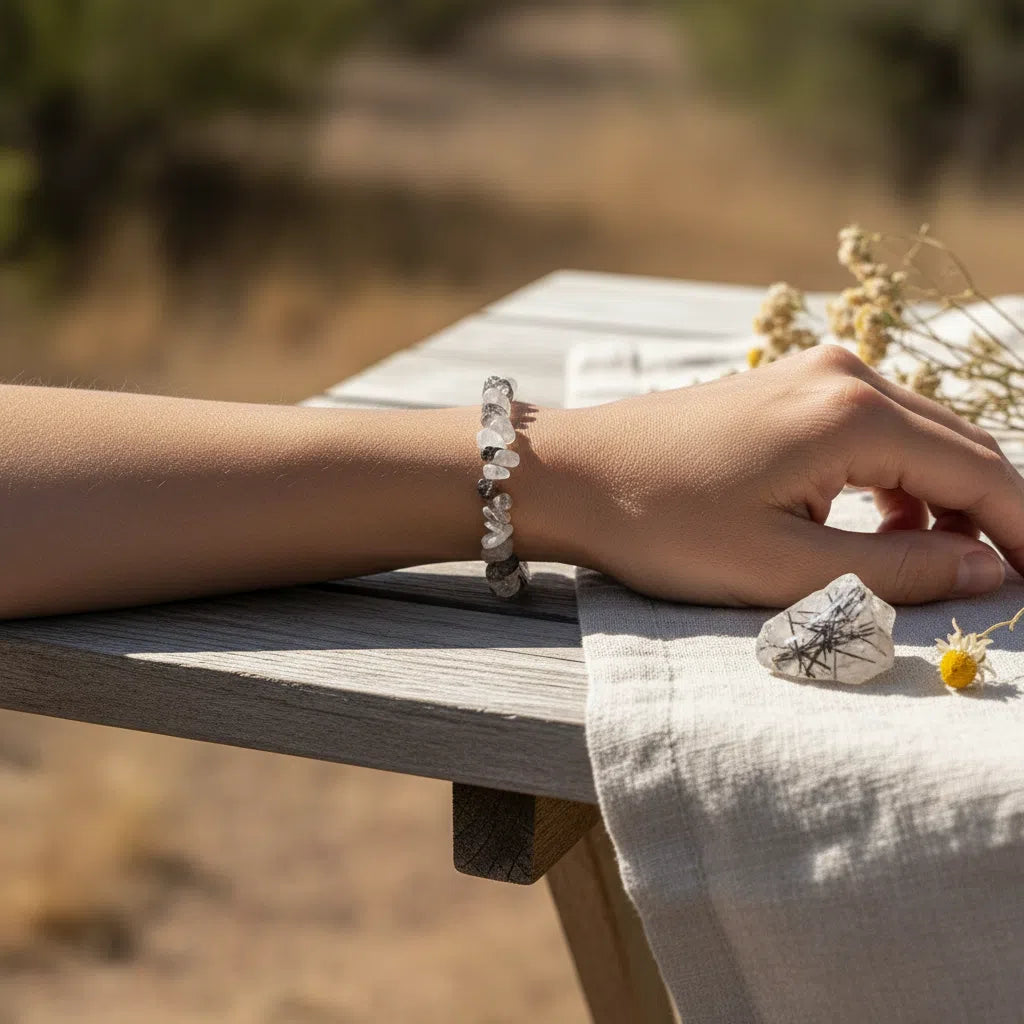 Bracelet en Quartz Rutile Noir - Élégance Bohème et Protection