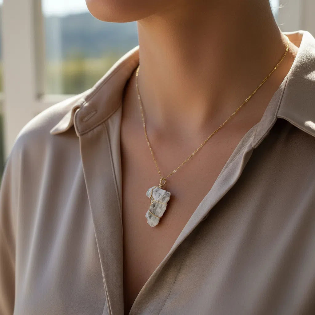 Collier Argent 925 Plaqué Or Pendentif Howlite - Élégance Naturelle