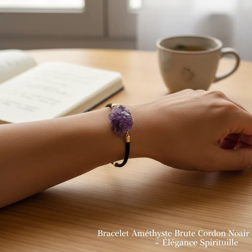 Bracelet Améthyste Brute Cordon Noir - Élégance Spirituelle