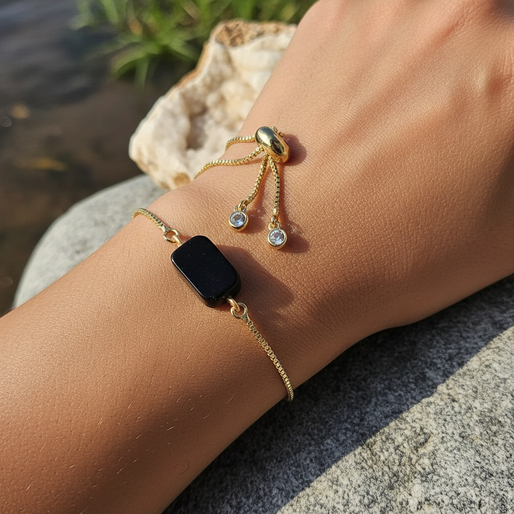 Bracelet Doré Obsidienne Noire - Charme et Protection