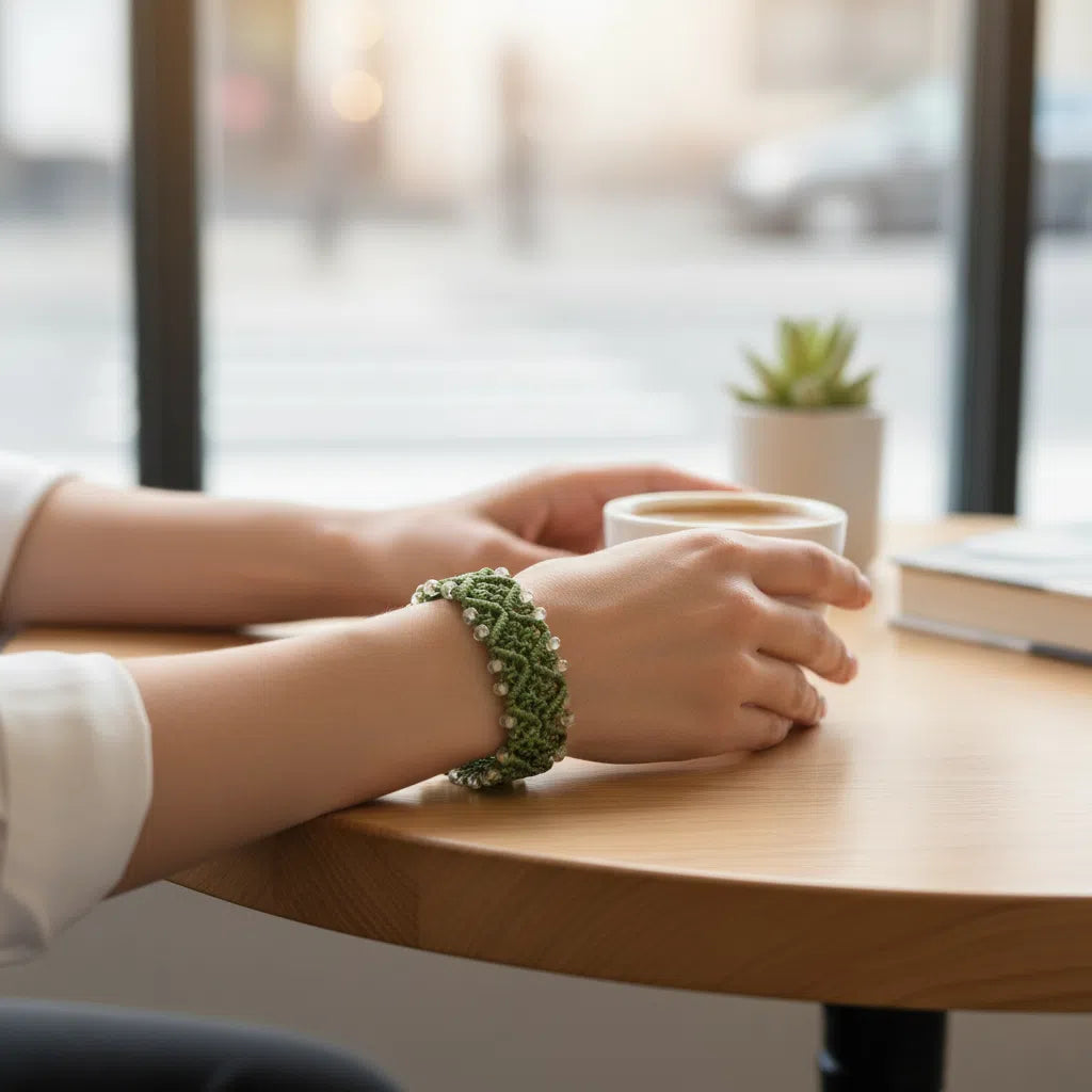Bracelet Micromacramé Vert Pistache Élégance Artisanale Boho-Chic