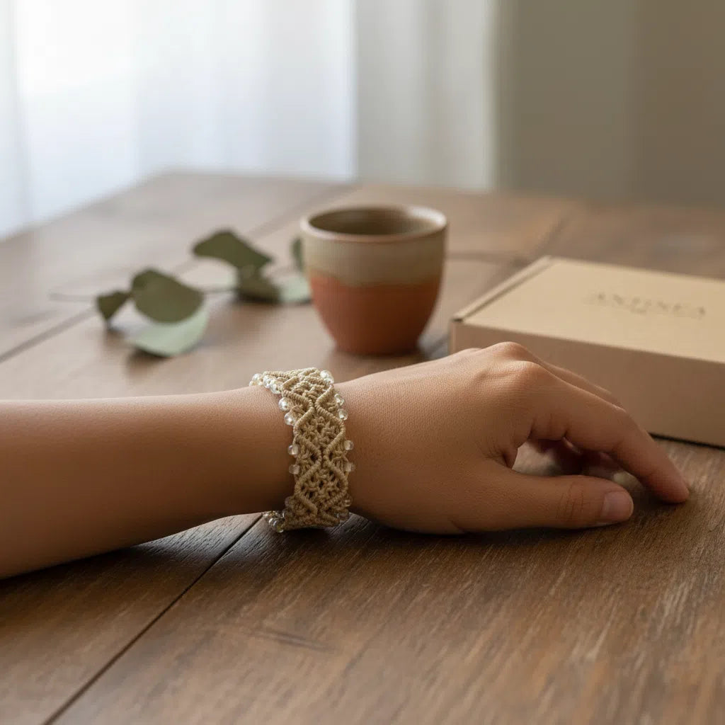 Bracelet Micromacramé Beige - Élégance Boho Chic Artisanale