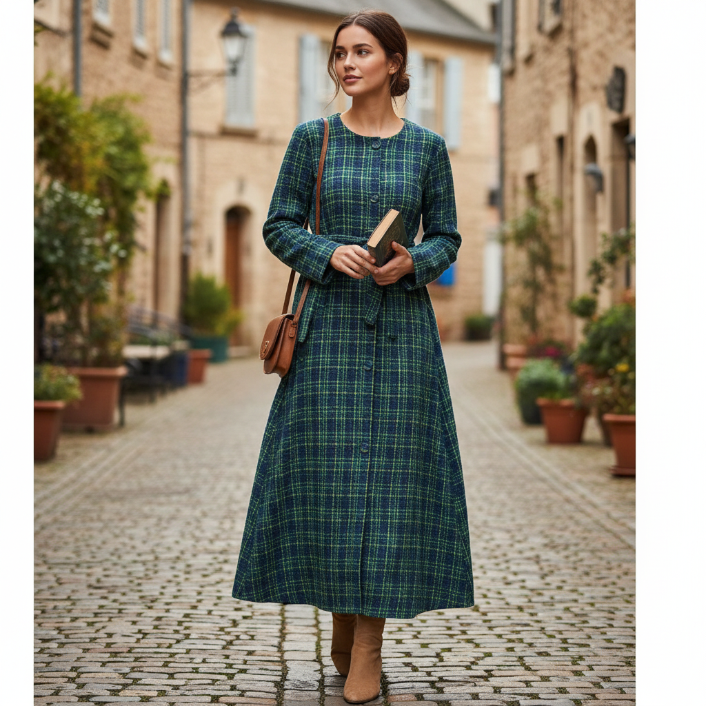 Robe Longue Maxi en Tartan Vert Bleu Ceinturée - Élégance Classique et Confort Moderne