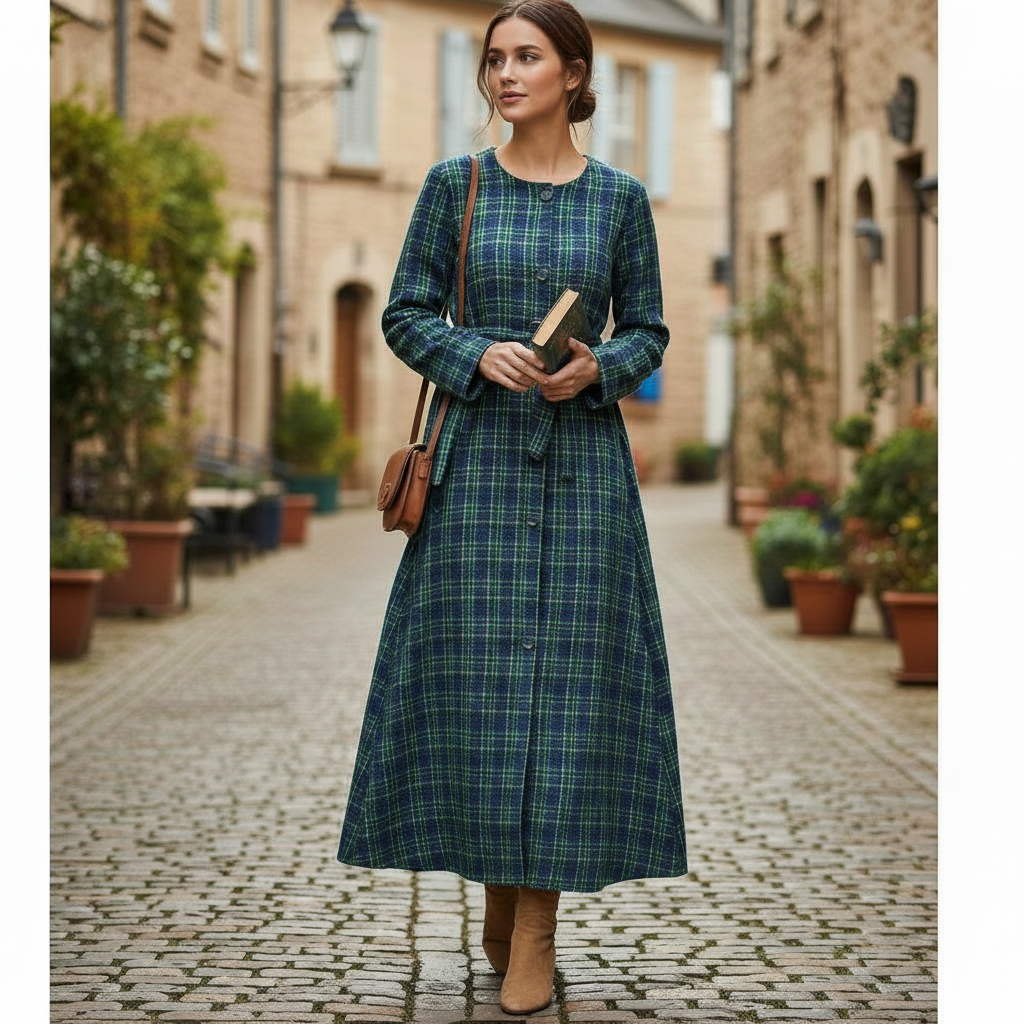 Robe Longue Maxi en Tartan Vert Bleu Ceinturée - Élégance Classique et Confort Moderne