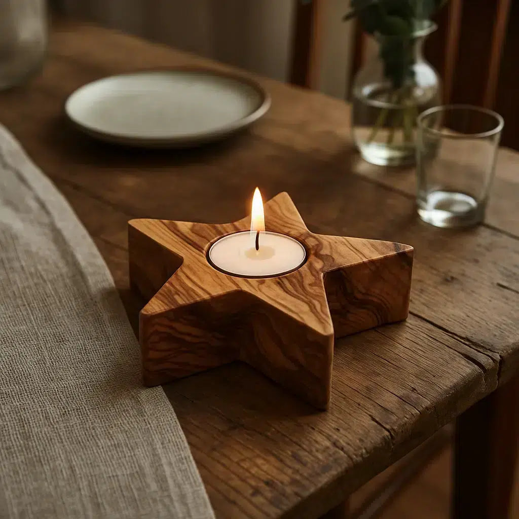 Bougeoir Étoile en Bois d'Olivier - Élégance Naturelle Durable