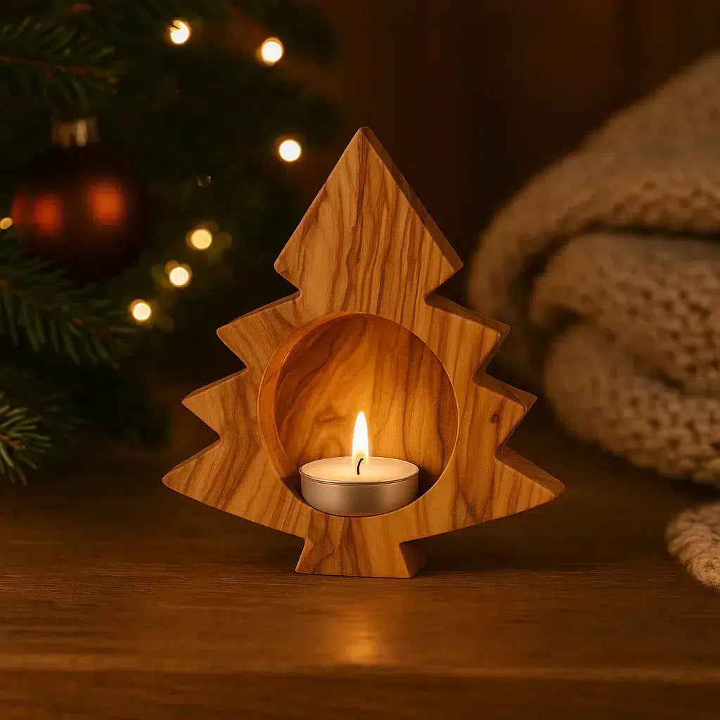 Bougeoir Design Sapin en Bois d'Olivier - Élégance Artisanale