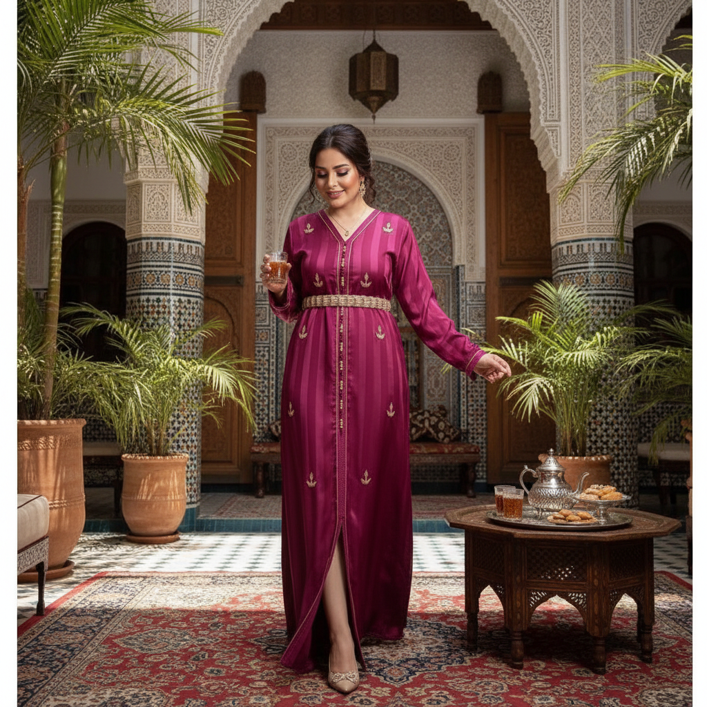 Kaftan Élégance Magenta Brodé Or - Confort et Luxe