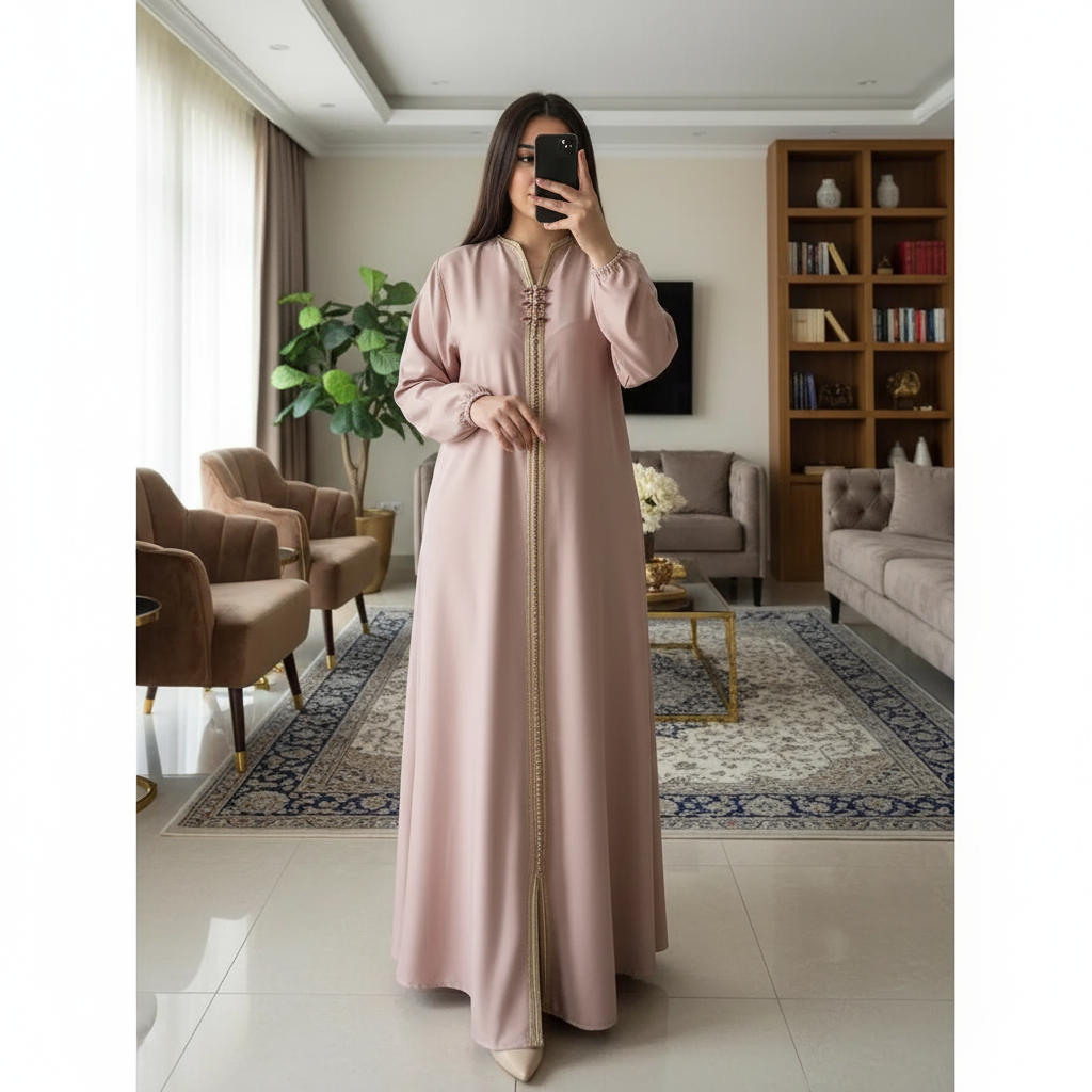 Kaftan Rose Élégant en Tissu Léger - Chic Intemporel