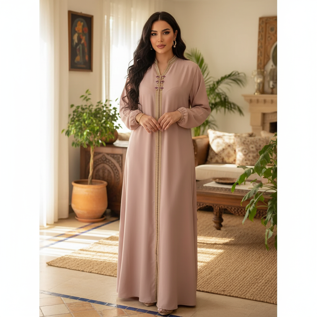 Kaftan Rose Élégant en Tissu Léger - Chic Intemporel