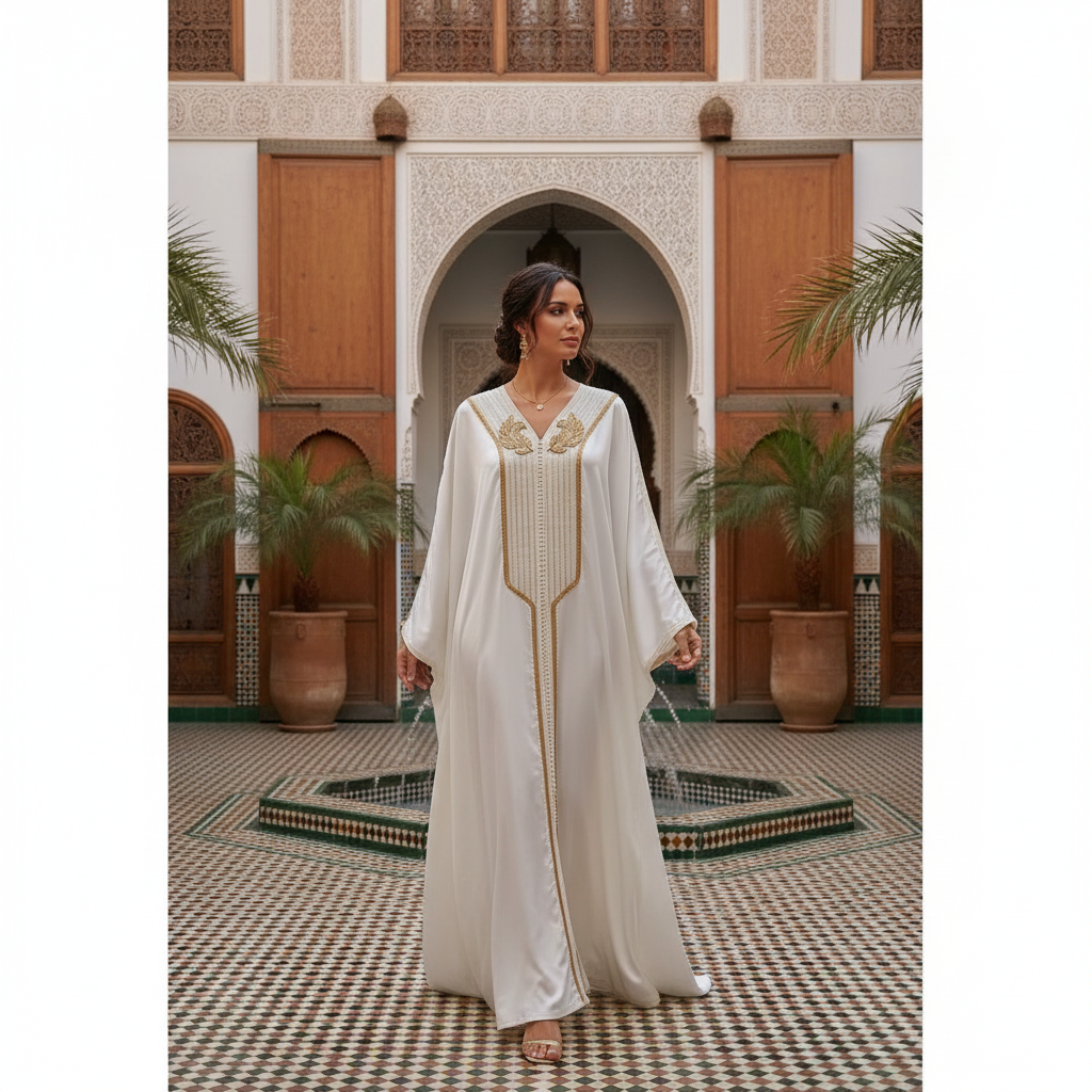 Kaftan Satiné Blanc Broderies Dorées - Élégance Opulente