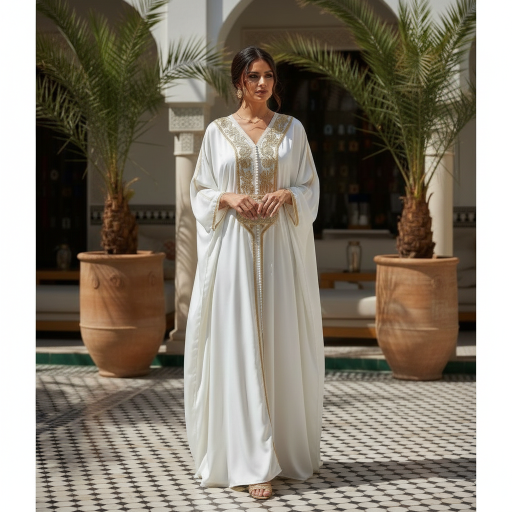 Kaftan Satiné Blanc Broderies Dorées - Élégance Opulente