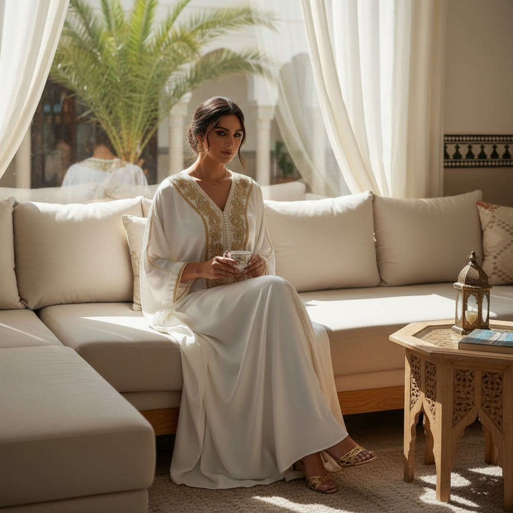 Kaftan Satiné Blanc Broderies Dorées - Élégance Opulente