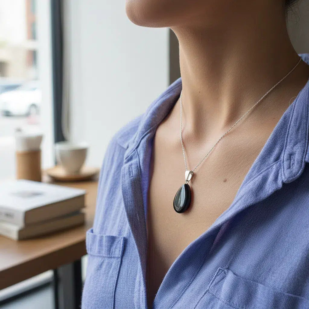 Collier Élégance Noir - Obsidienne et Argent 925, Protection Intemporelle
