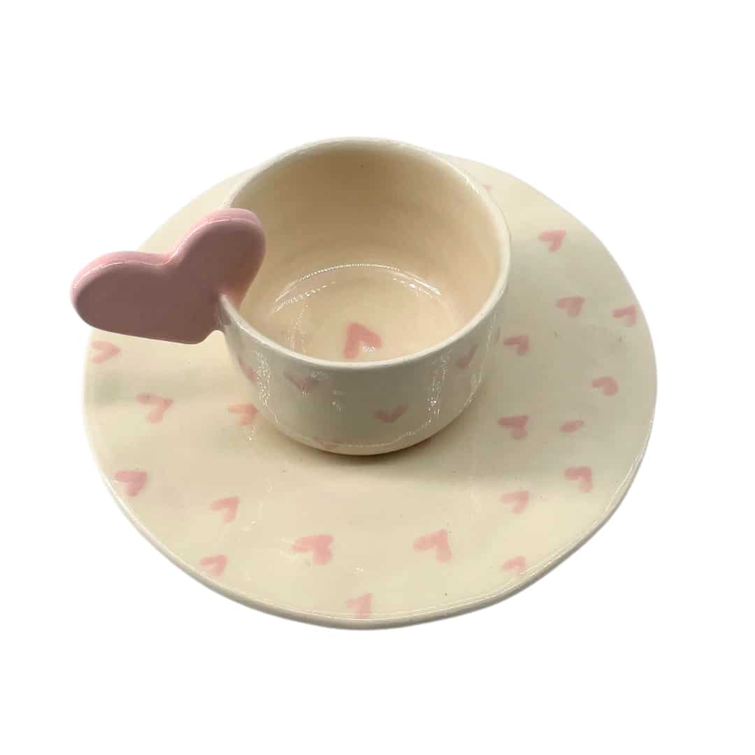 Mug "heart" en céramique fait main avec assiette pour café turc ou espresso