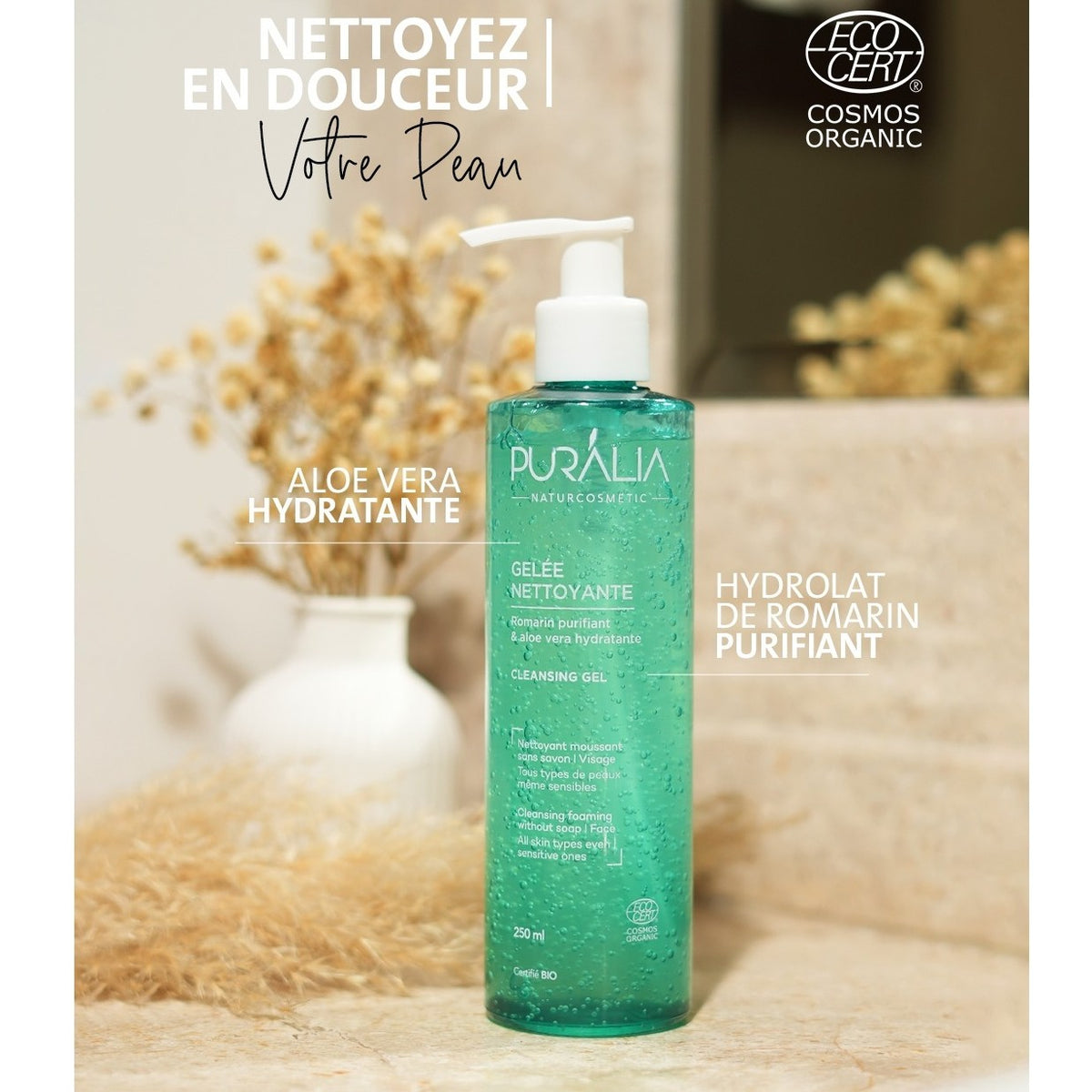 Gelée nettoyante moussante BIO à l’Aloe Vera pour peaux sensibles