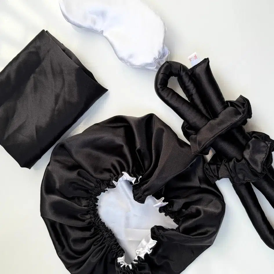 Ensemble Nuit Satin Noir & Blanc - Élégance et Confort Soins Cheveux