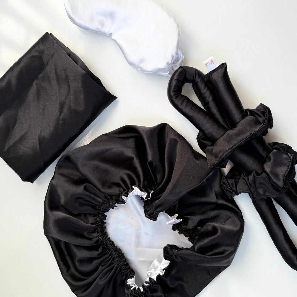 Ensemble Nuit Soin Satin Noir et blanc Luxe et Confort