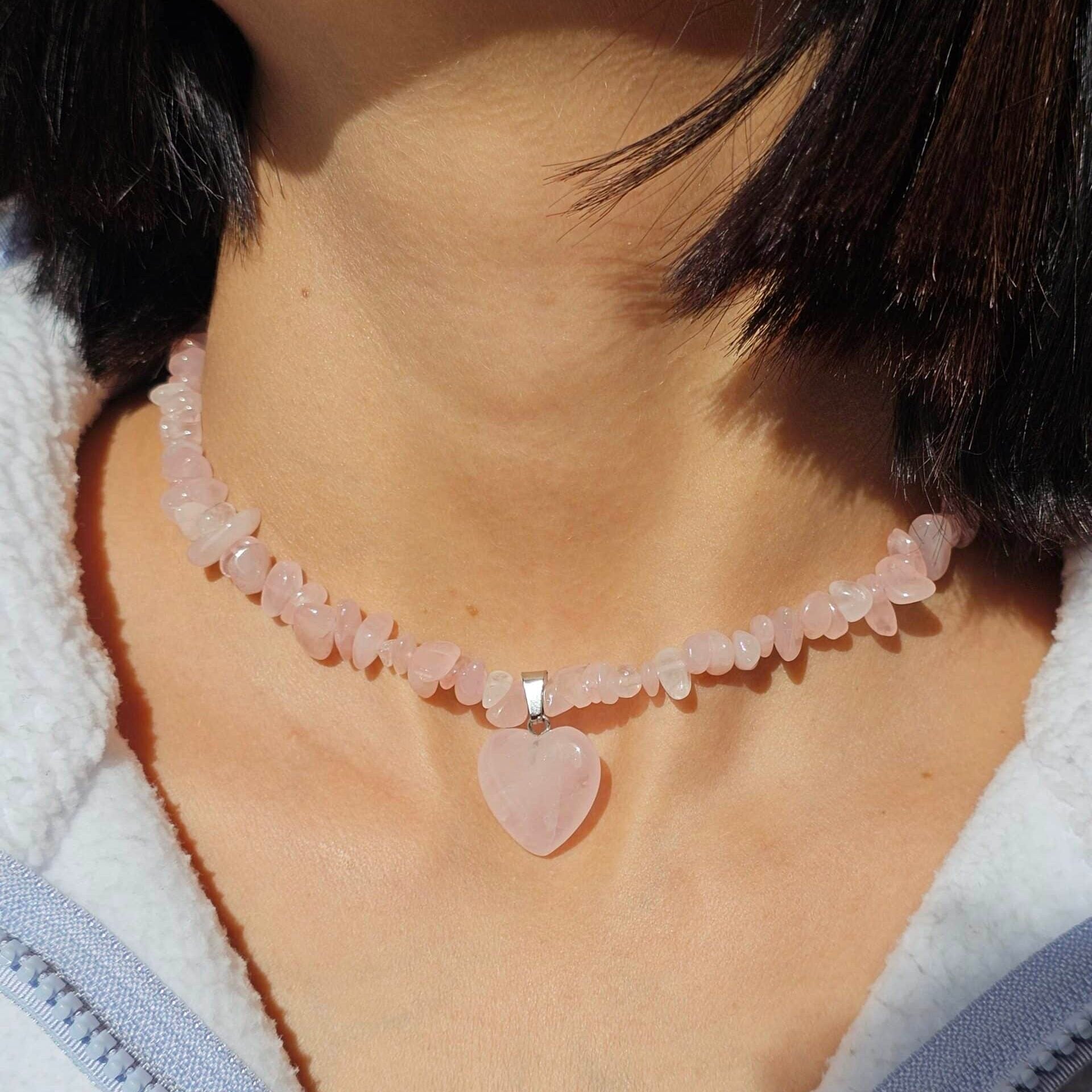 Rose Quartz Necklace with 925 Silver and Stainless Steel Clasp (40 cm)