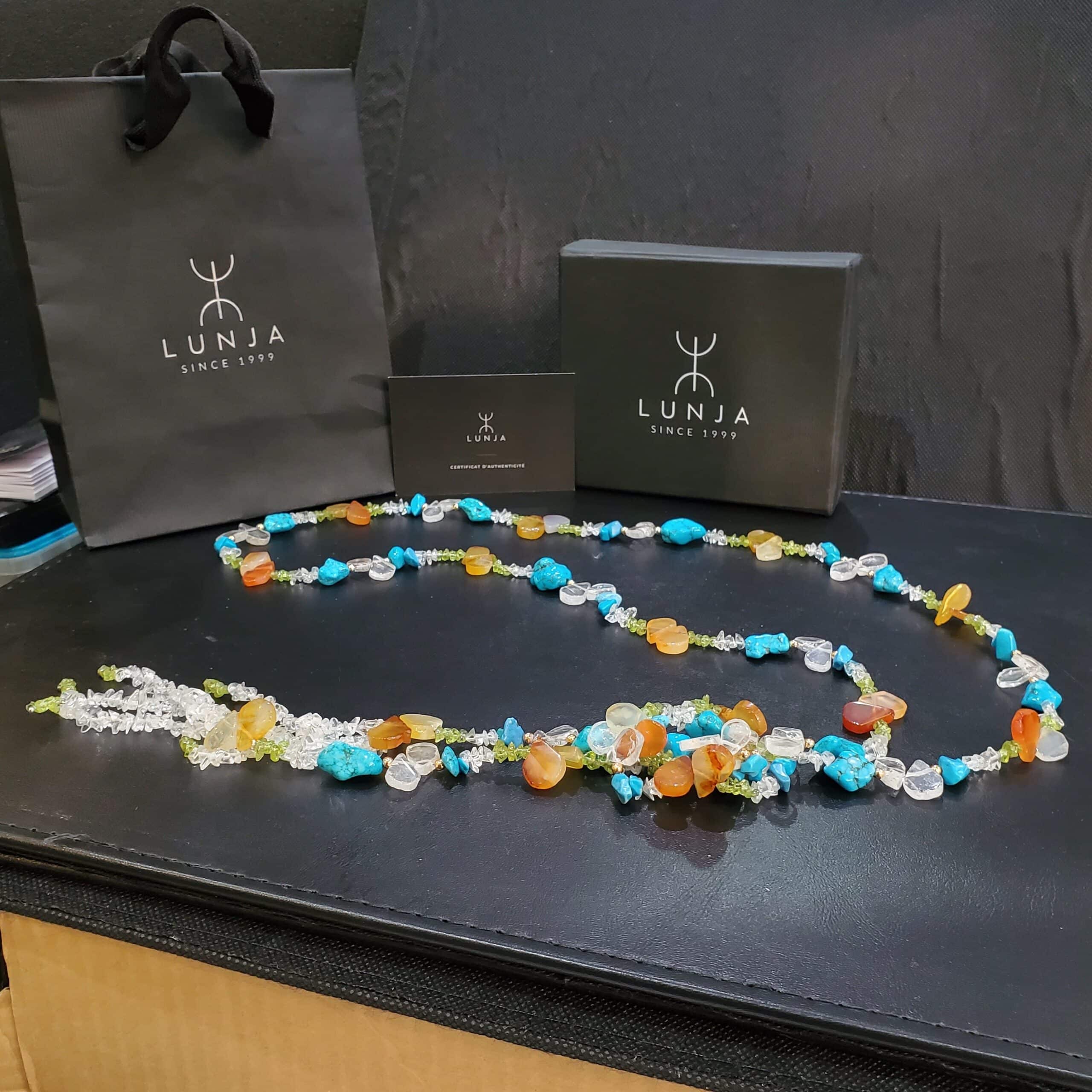 collier sautoir ajustable en cristal de roche, péridot & quartz (1,55 m)