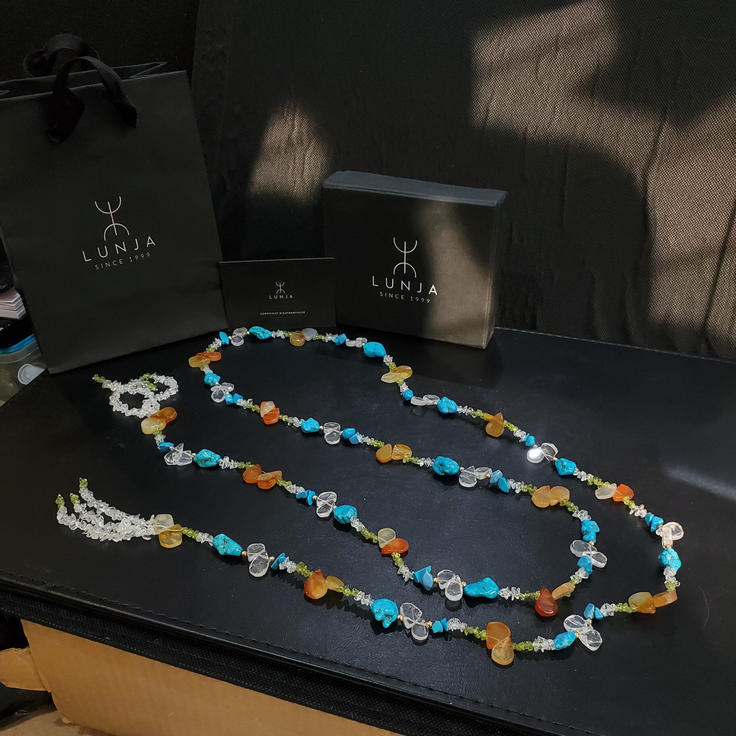 collier sautoir ajustable en cristal de roche, péridot & quartz (1,55 m)