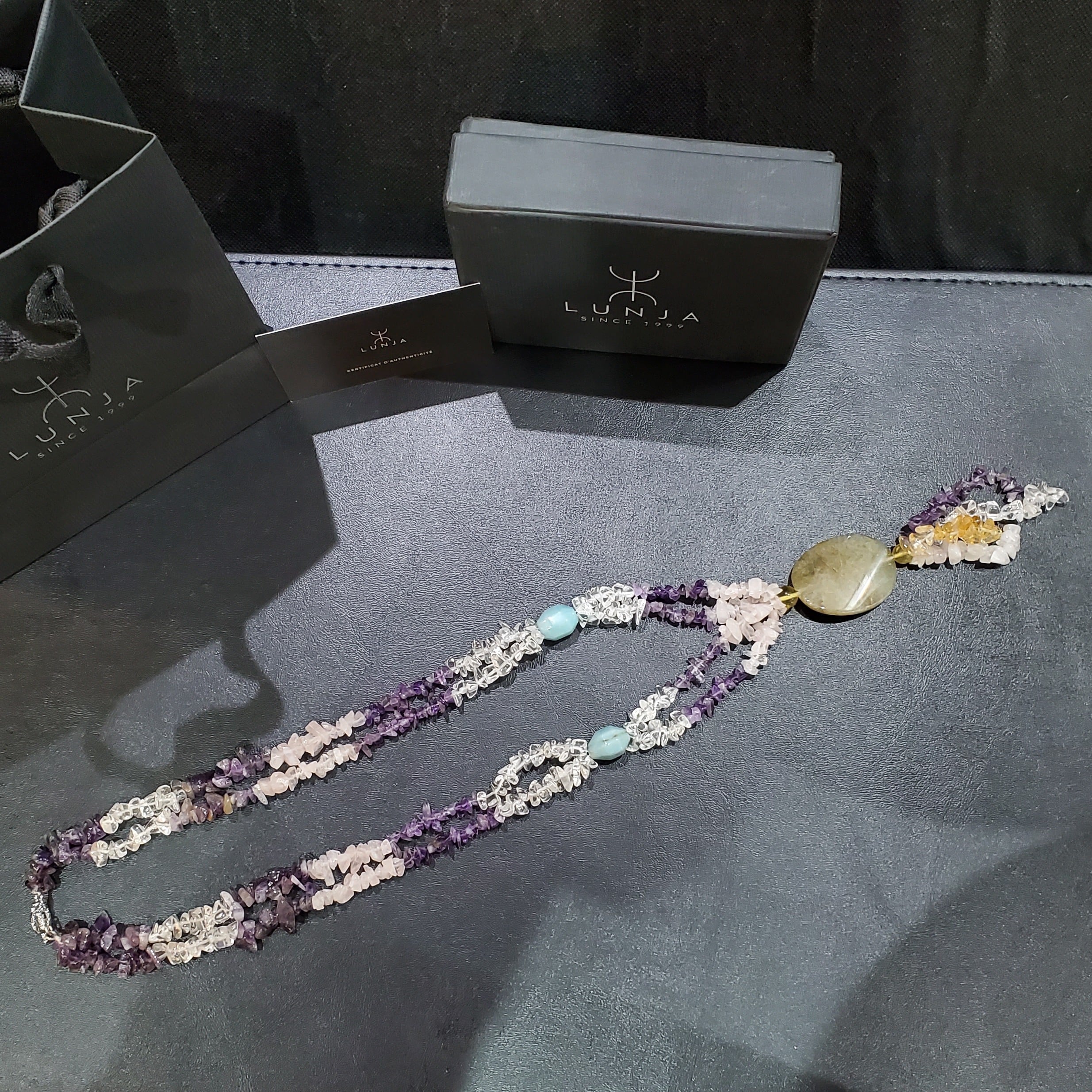 Collier sautoir en pierres naturelles (citrine, améthyste, cristal de roche, amazonite et agate)