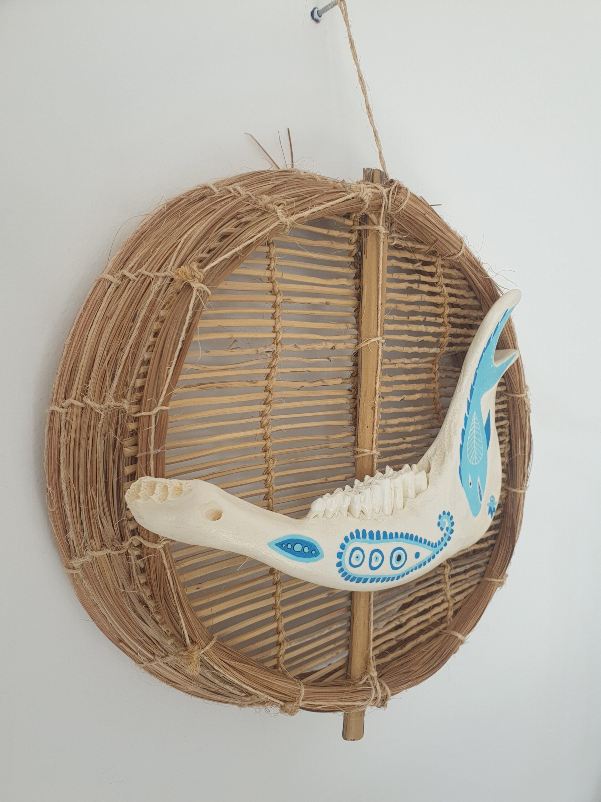 Mâchoire animale décorée bleu sur osier naturel