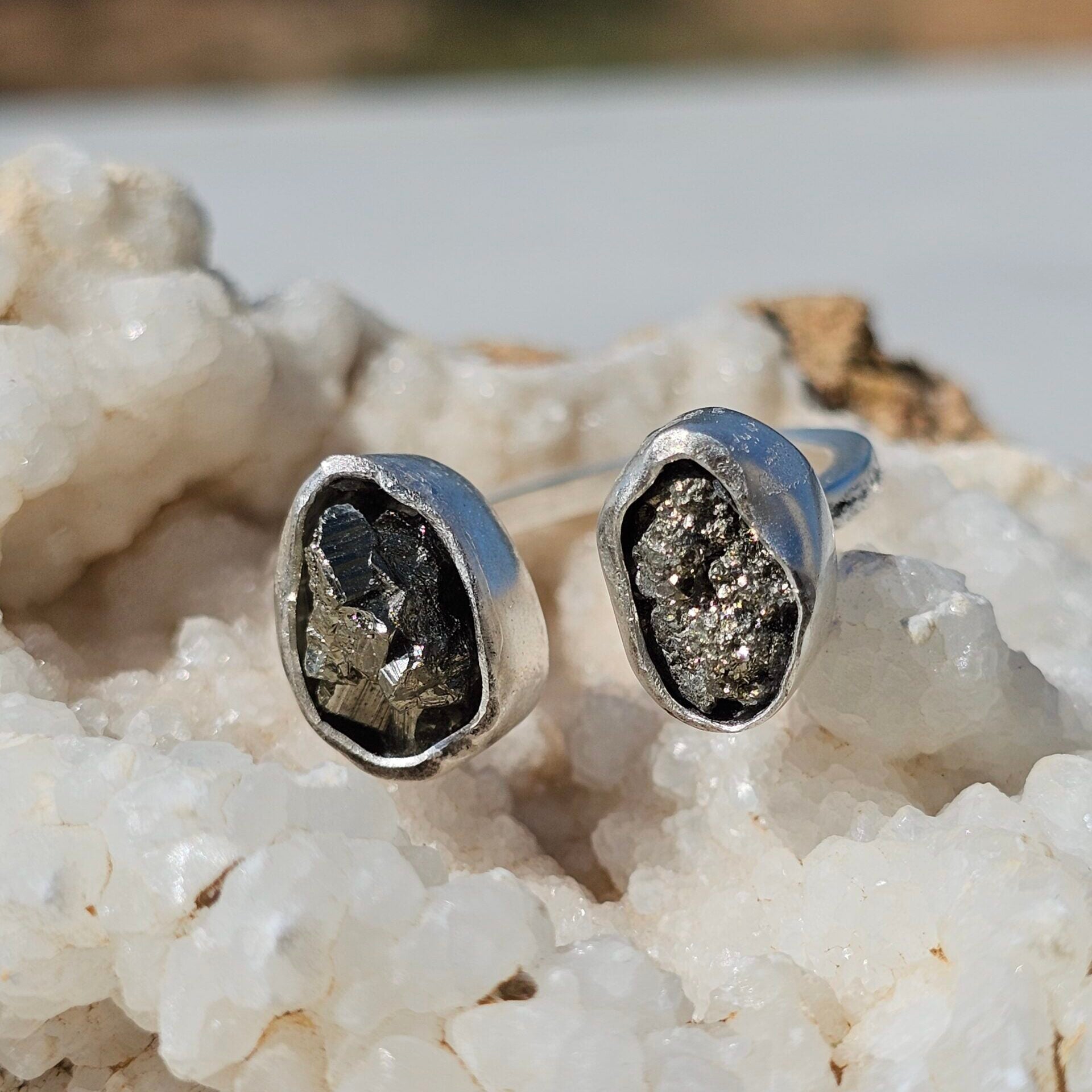 Adjustable double Pyrite ring in solid 925 silver