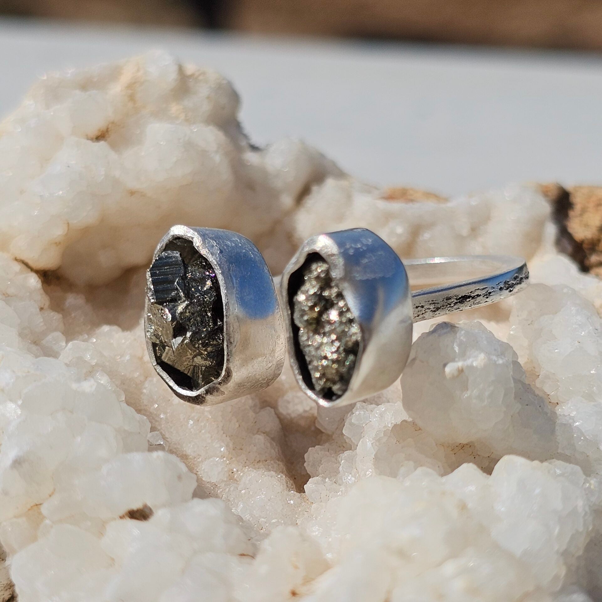 Adjustable double Pyrite ring in solid 925 silver