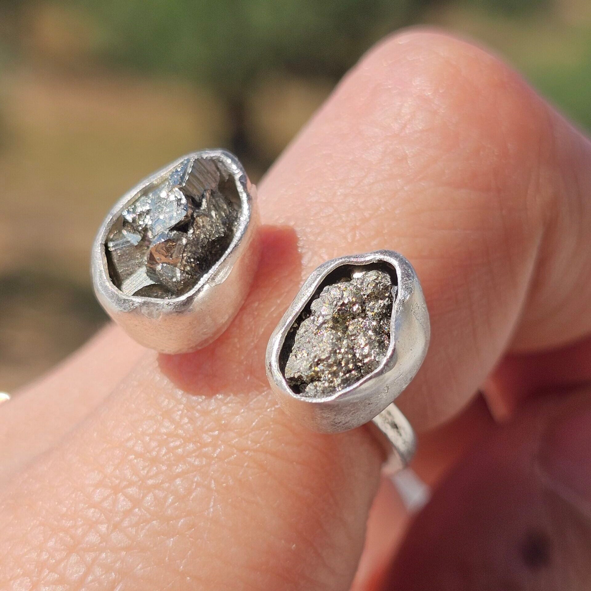 Adjustable double Pyrite ring in solid 925 silver