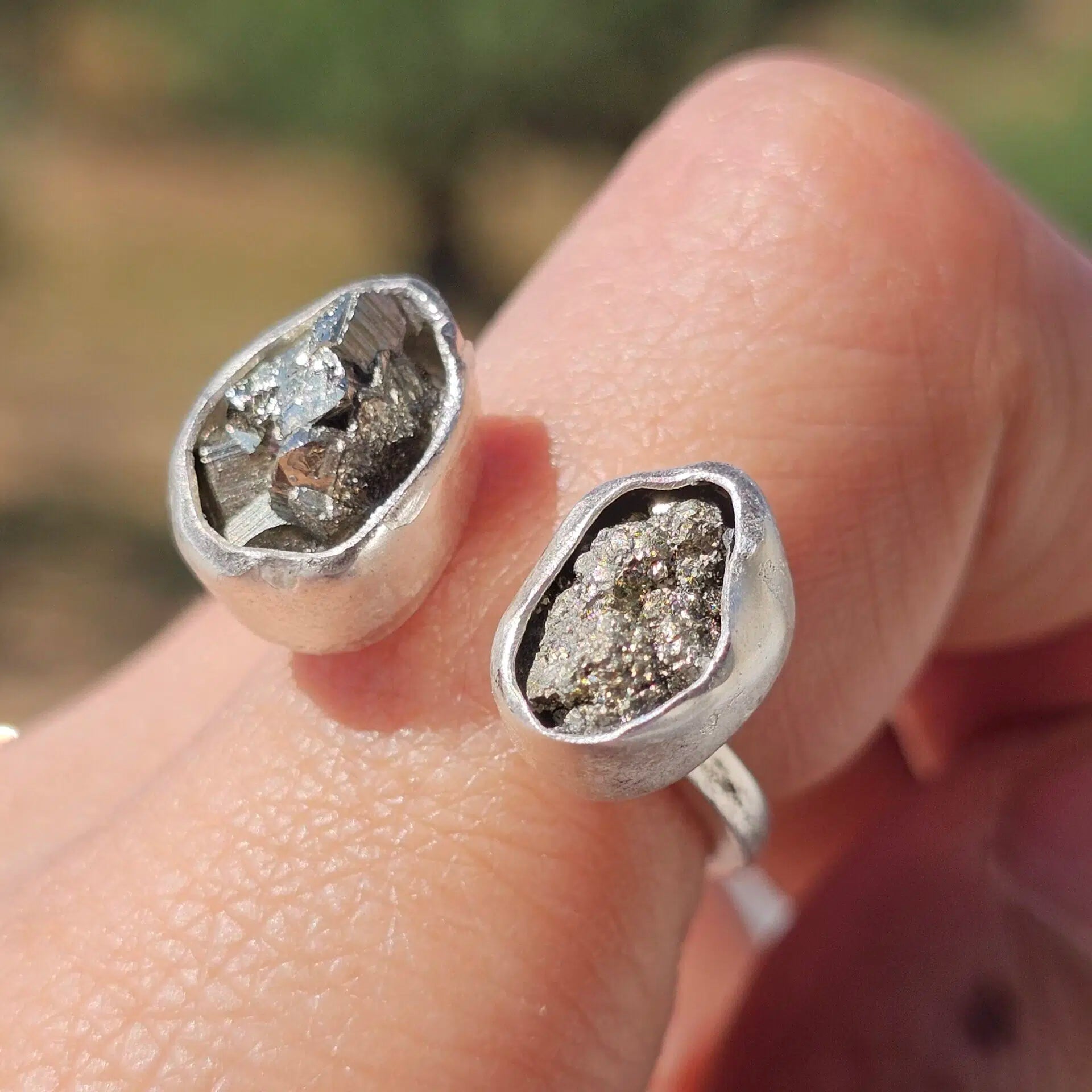 Bague Pyrite double ajustable en argent 925 massif