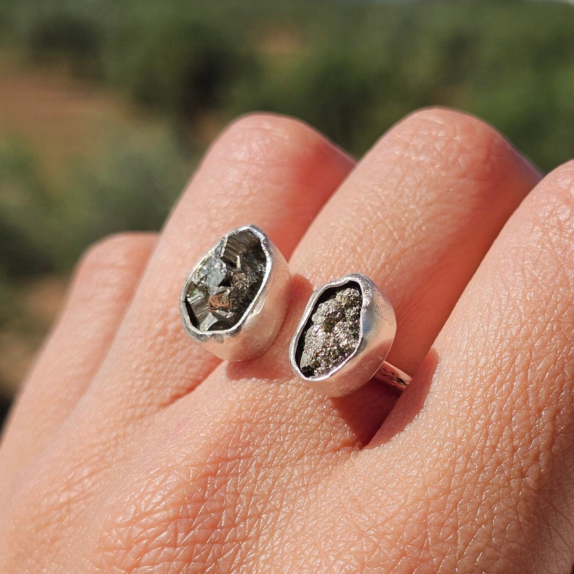 Adjustable double Pyrite ring in solid 925 silver