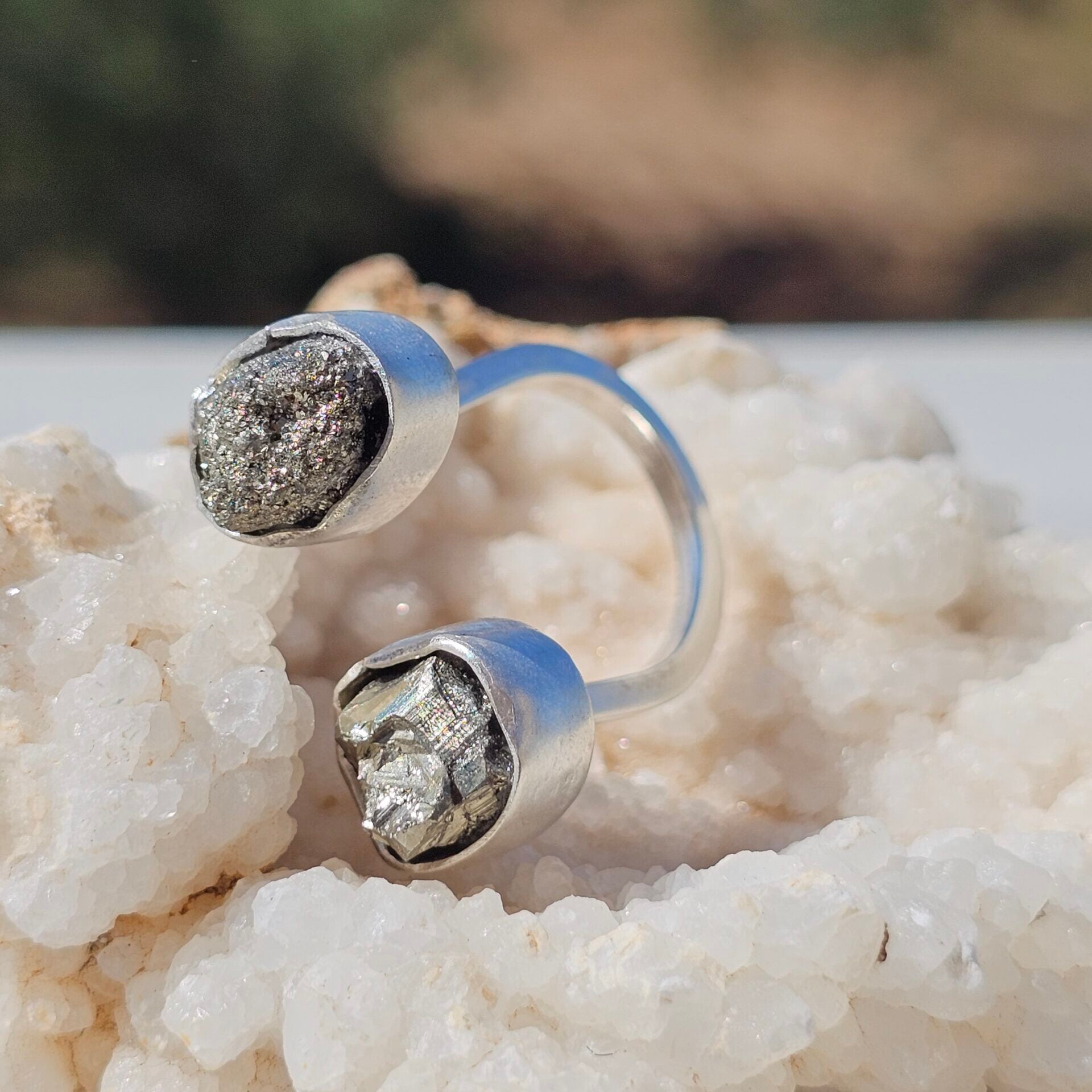 Adjustable double Pyrite ring in 925 silver