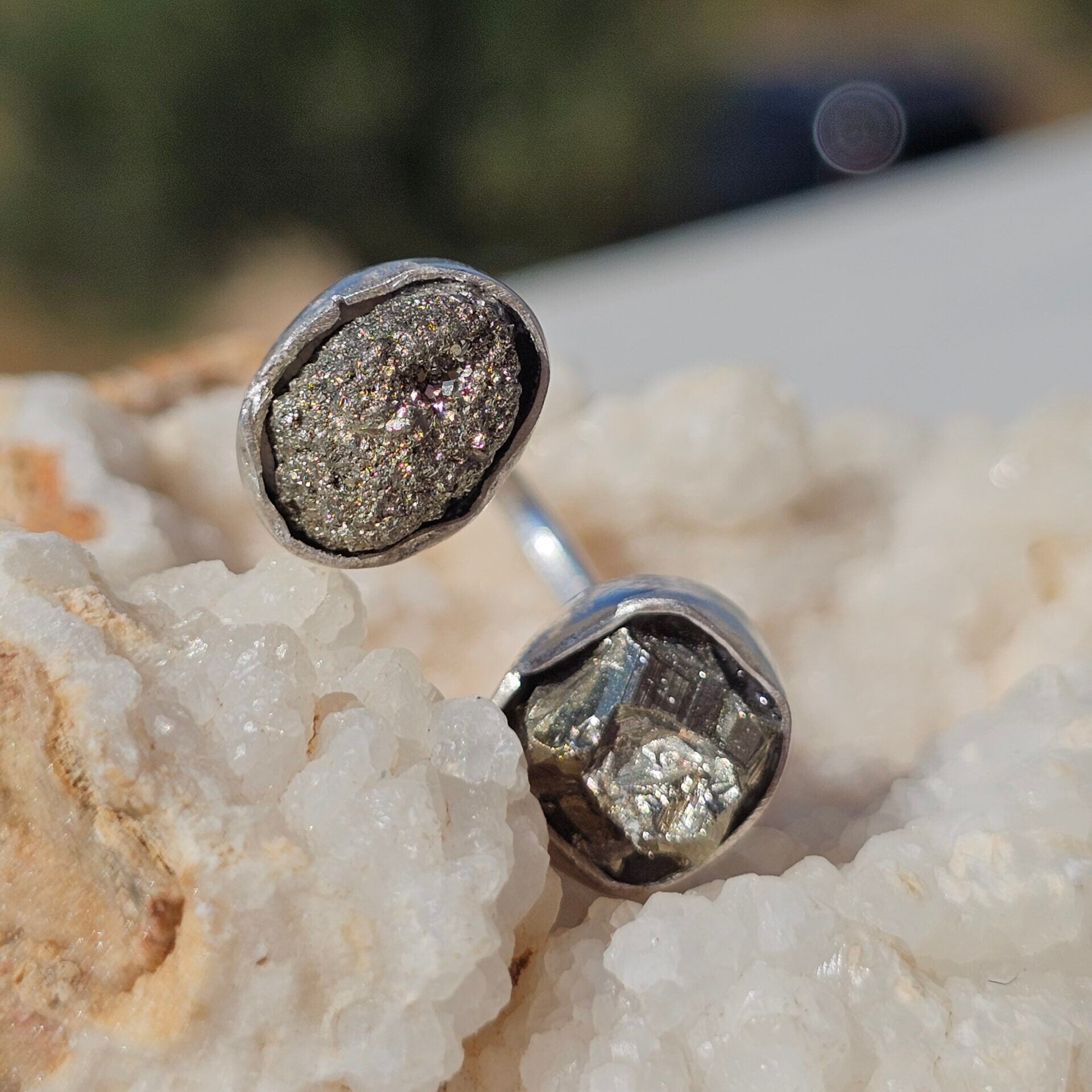Adjustable double Pyrite ring in 925 silver