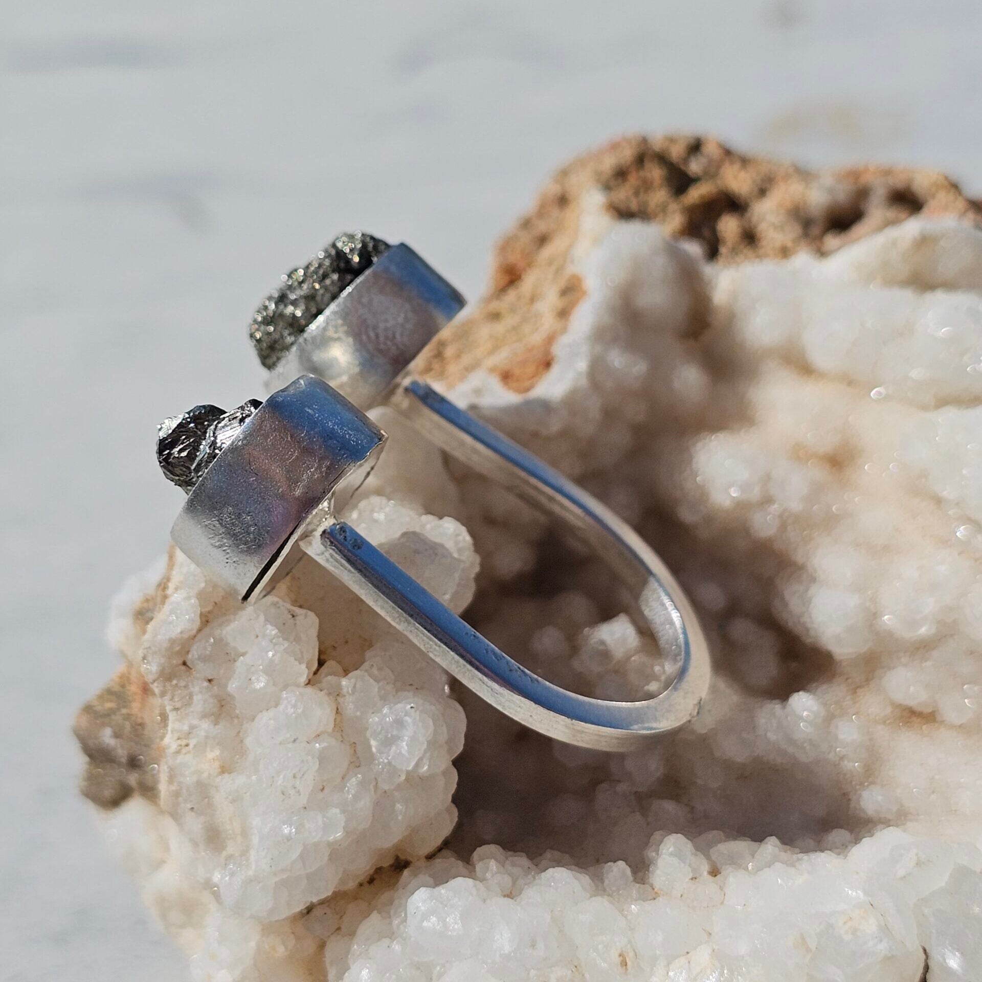 Adjustable double Pyrite ring in 925 silver