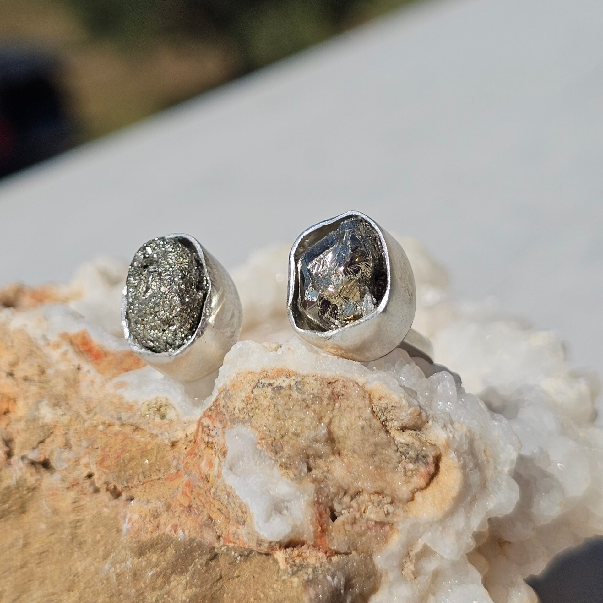 Adjustable double Pyrite ring in 925 silver