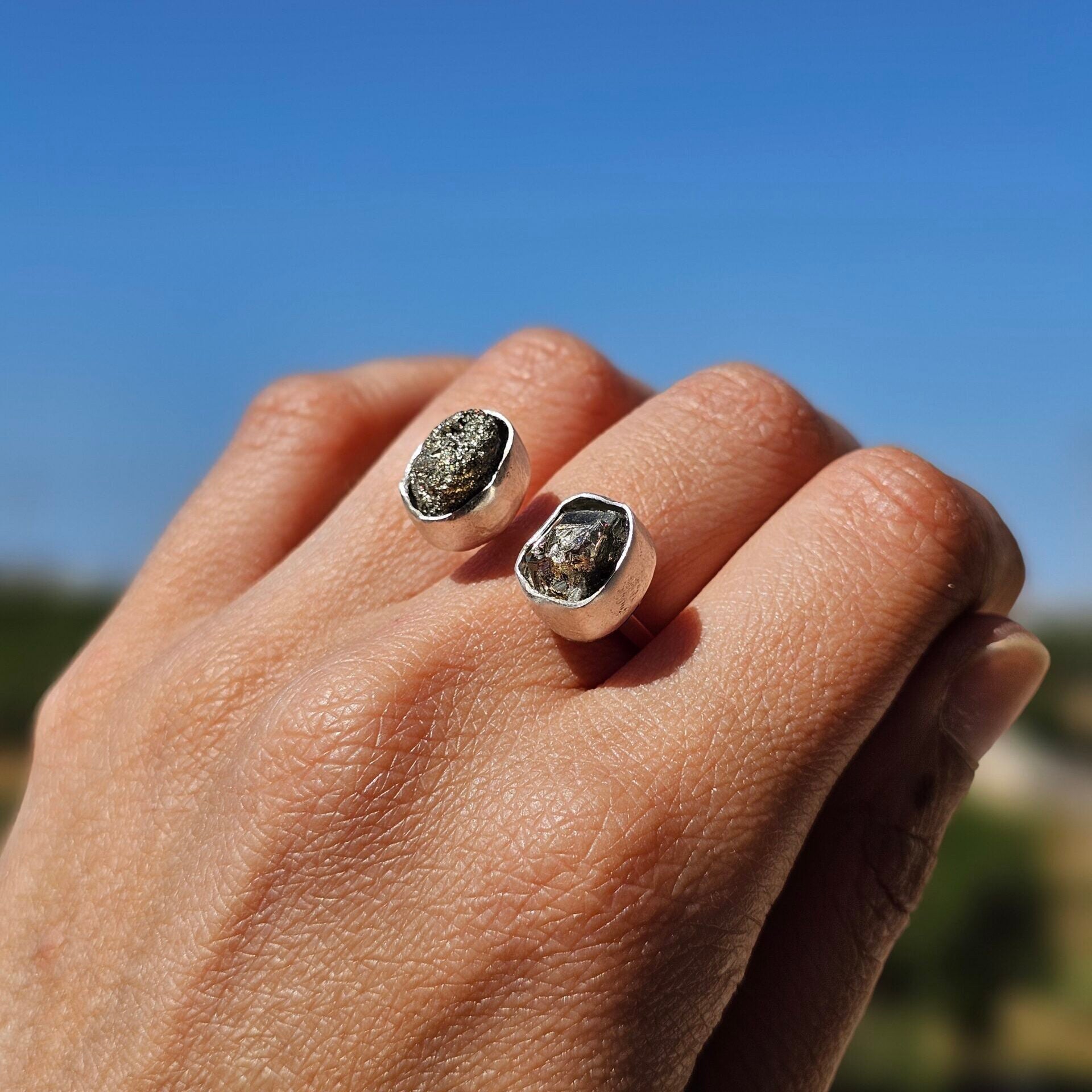 Adjustable double Pyrite ring in 925 silver