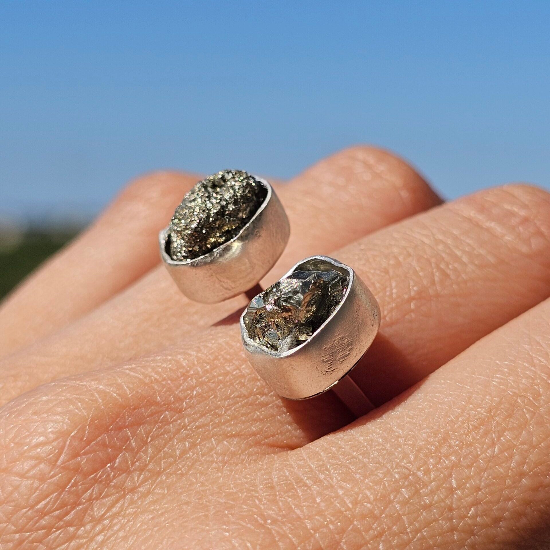 Adjustable double Pyrite ring in 925 silver