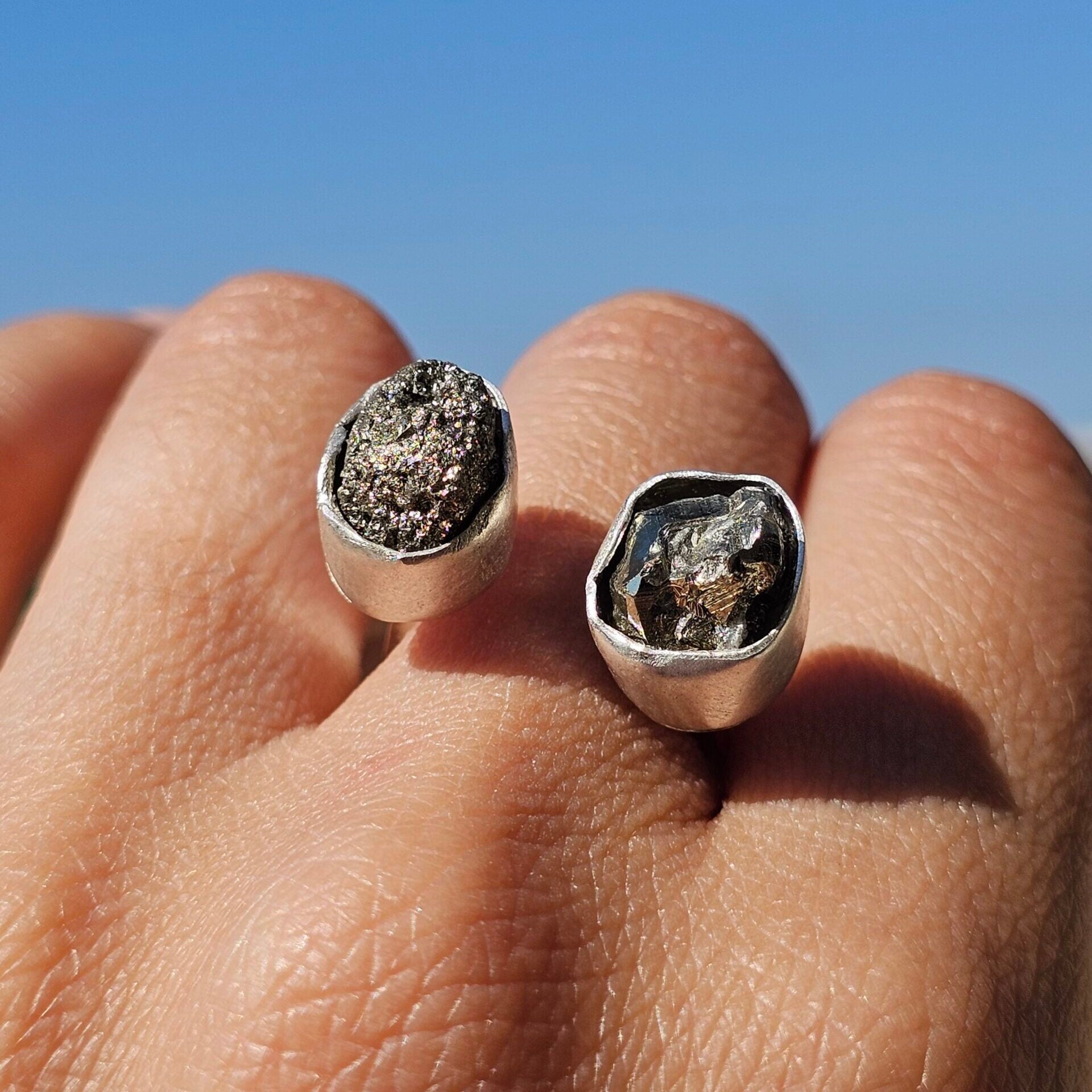 Adjustable double Pyrite ring in 925 silver