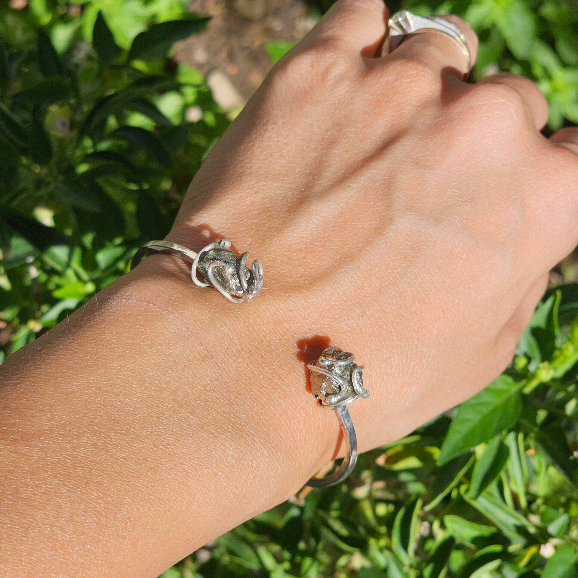 Bracelet en argent massif ajustable à double pyrites